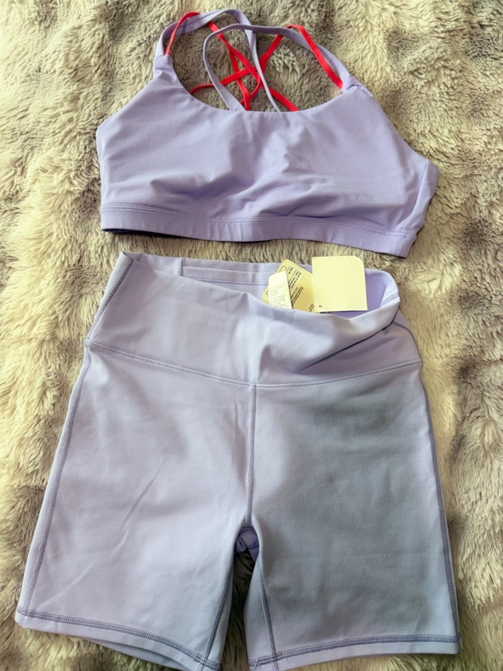 Fabletics Lavender High-Waist Athletic Shorts Set with Coral Straps